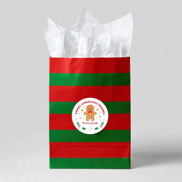 Personalised Kids Sticker Labels Sweet Christmas Wishes Gingerbread Man