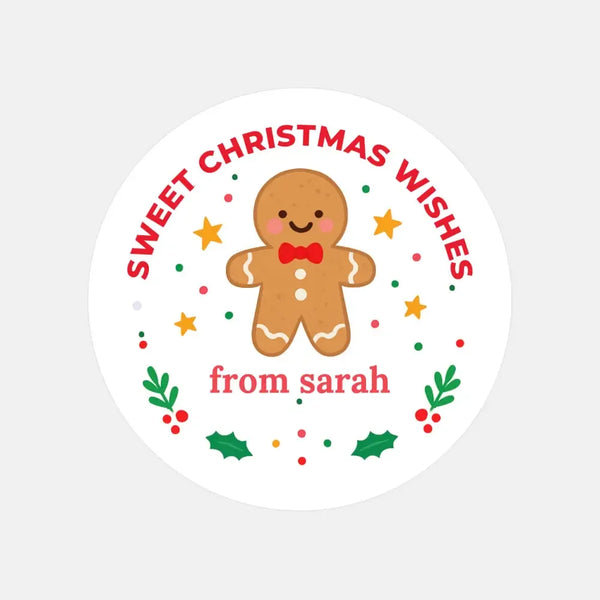 Personalised Kids Sticker Labels Sweet Christmas Wishes Gingerbread Man - Sticksy Prints Australia