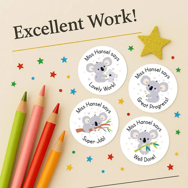 Personalised Koala Teacher Reward Stickers Labels Kids - Sticksy Prints Australia