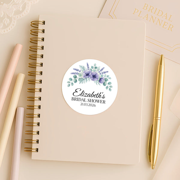 Personalised Lavender Anemone Bridal Shower Stickers – Custom Name & Date – Watercolour Floral Favour Labels