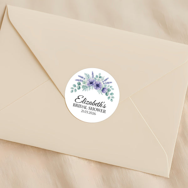 Personalised Lavender Anemone Bridal Shower Stickers – Custom Name & Date – Watercolour Floral Favour Labels