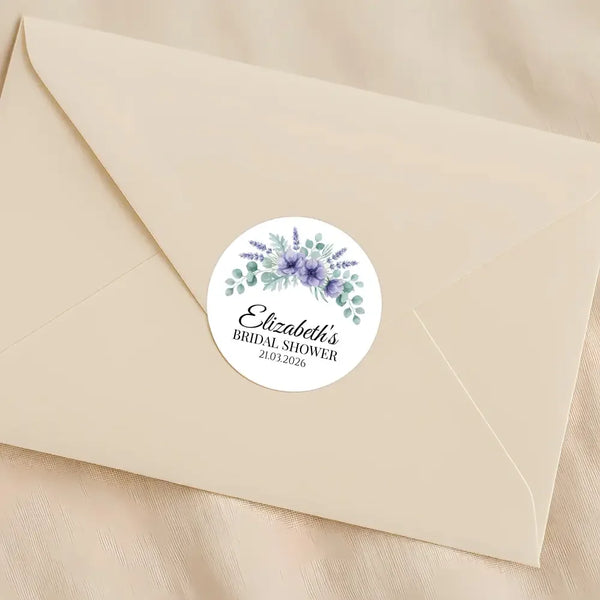 Personalised Lavender Anemone Bridal Shower Stickers – Custom Name & Date – Watercolour Floral Favour Labels - Sticksy Prints Australia