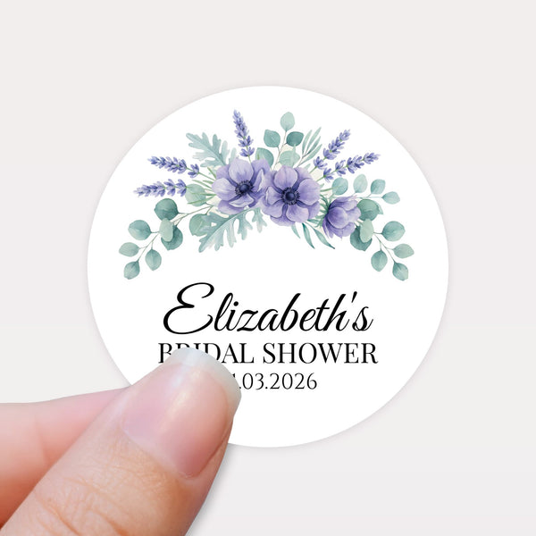 Personalised Lavender Anemone Bridal Shower Stickers – Custom Name & Date – Watercolour Floral Favour Labels