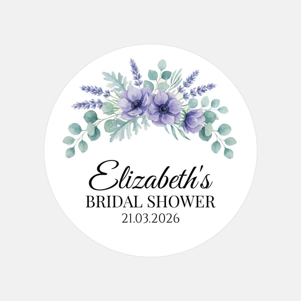 Personalised Lavender Anemone Bridal Shower Stickers – Custom Name & Date – Watercolour Floral Favour Labels