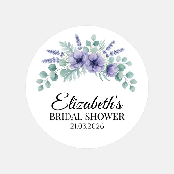 Personalised Lavender Anemone Bridal Shower Stickers – Custom Name & Date – Watercolour Floral Favour Labels - Sticksy Prints Australia