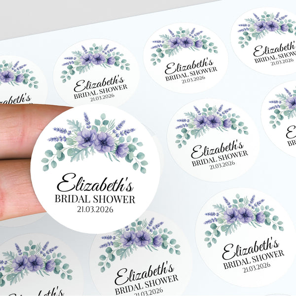 Personalised Lavender Anemone Bridal Shower Stickers – Custom Name & Date – Watercolour Floral Favour Labels