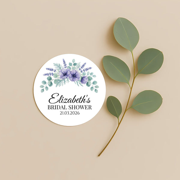 Personalised Lavender Anemone Bridal Shower Stickers – Custom Name & Date – Watercolour Floral Favour Labels