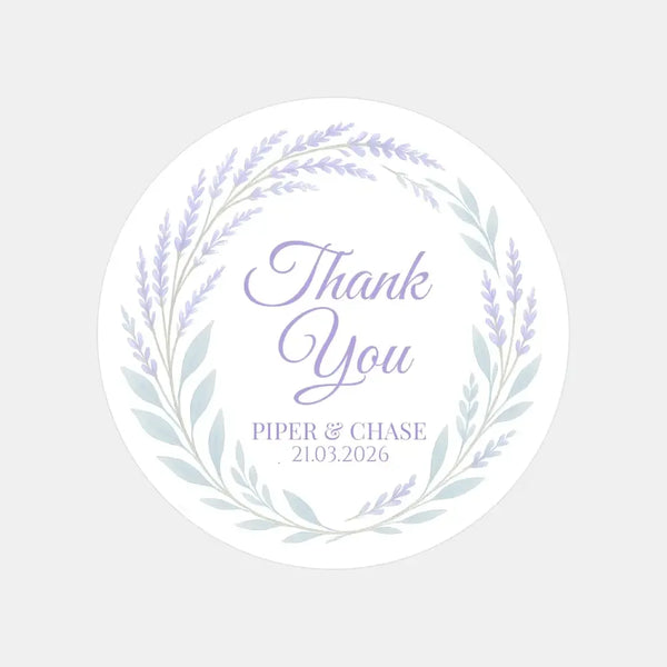 Personalised Lavender Botanical Wedding Thank You Stickers – Custom Favour Labels - Sticksy Prints Australia