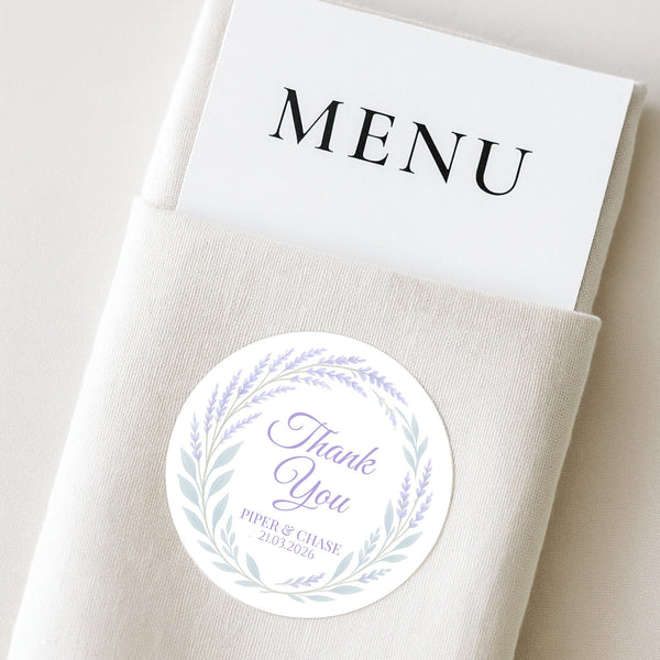 Personalised Lavender Botanical Wedding Thank You Stickers – Custom Favour Labels