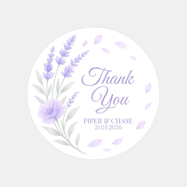 Personalised Lavender Bouquet Wedding Thank You Stickers – Custom Floral Favour Labels