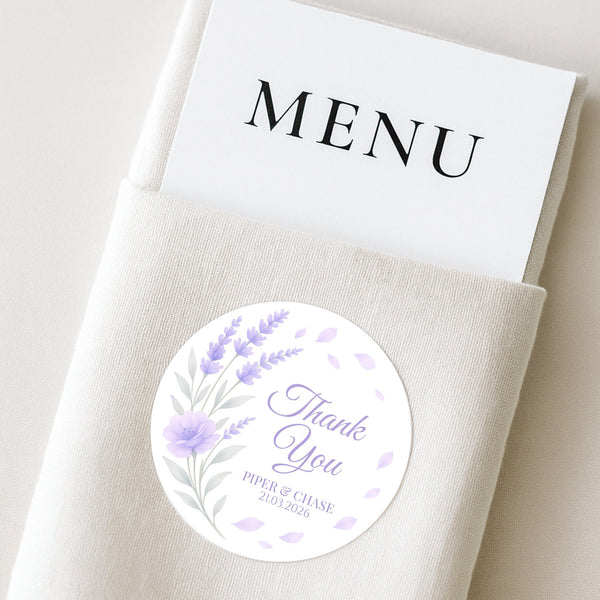 Personalised Lavender Bouquet Wedding Thank You Stickers – Custom Floral Favour Labels