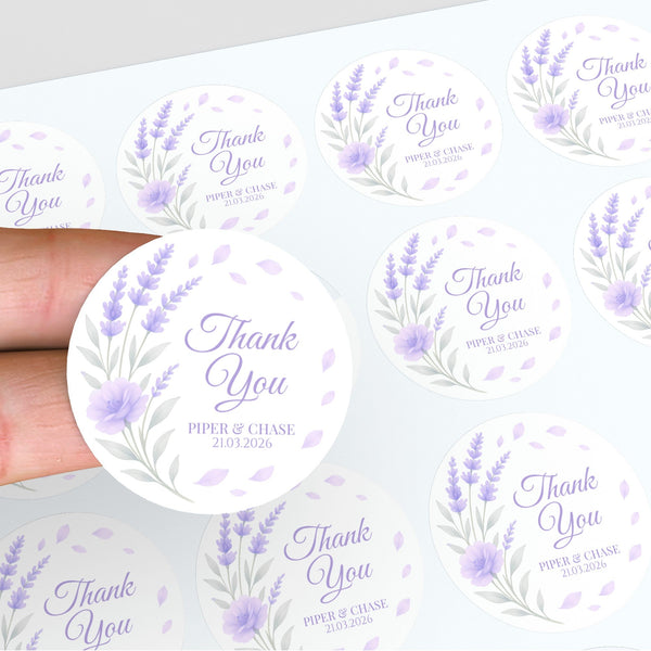 Personalised Lavender Bouquet Wedding Thank You Stickers – Custom Floral Favour Labels