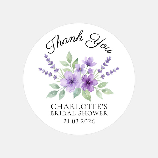 Personalised Lavender Bridal Shower Thank You Stickers – Custom Name & Date – Purple Watercolour Floral Labels