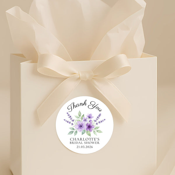 Personalised Lavender Bridal Shower Thank You Stickers – Custom Name & Date – Purple Watercolour Floral Labels