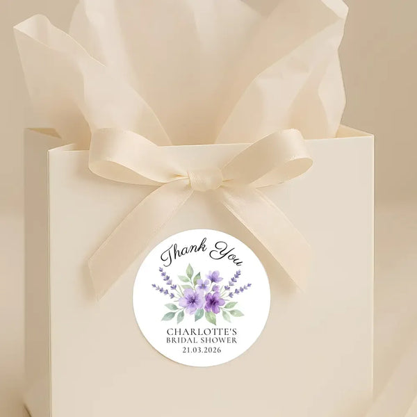 Personalised Lavender Bridal Shower Thank You Stickers – Custom Name & Date – Purple Watercolour Floral Labels - Sticksy Prints Australia