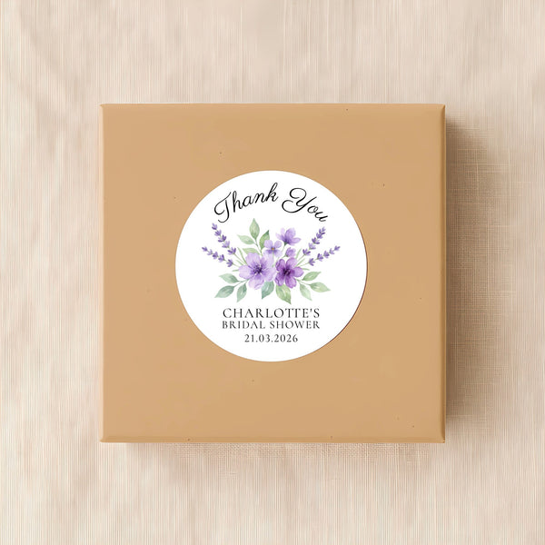 Personalised Lavender Bridal Shower Thank You Stickers – Custom Name & Date – Purple Watercolour Floral Labels