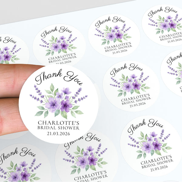 Personalised Lavender Bridal Shower Thank You Stickers – Custom Name & Date – Purple Watercolour Floral Labels