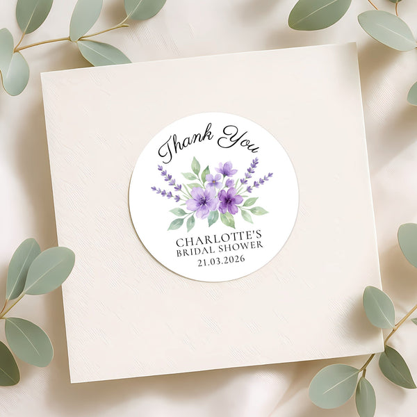 Personalised Lavender Bridal Shower Thank You Stickers – Custom Name & Date – Purple Watercolour Floral Labels