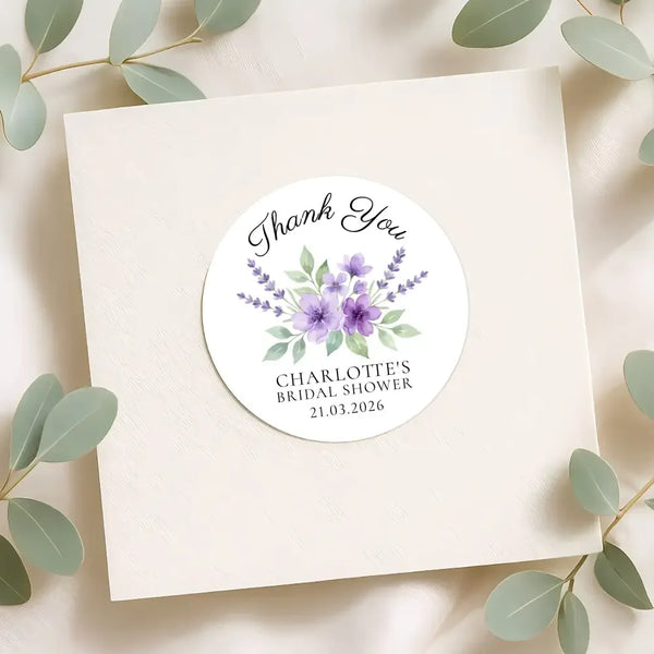 Personalised Lavender Bridal Shower Thank You Stickers – Custom Name & Date – Purple Watercolour Floral Labels - Sticksy Prints Australia