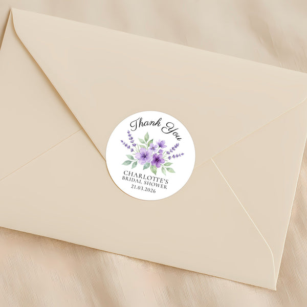 Personalised Lavender Bridal Shower Thank You Stickers – Custom Name & Date – Purple Watercolour Floral Labels