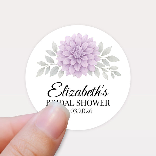 Personalised Lavender Dahlia Bridal Shower Stickers – Custom Name & Date – Watercolour Floral Favour Labels