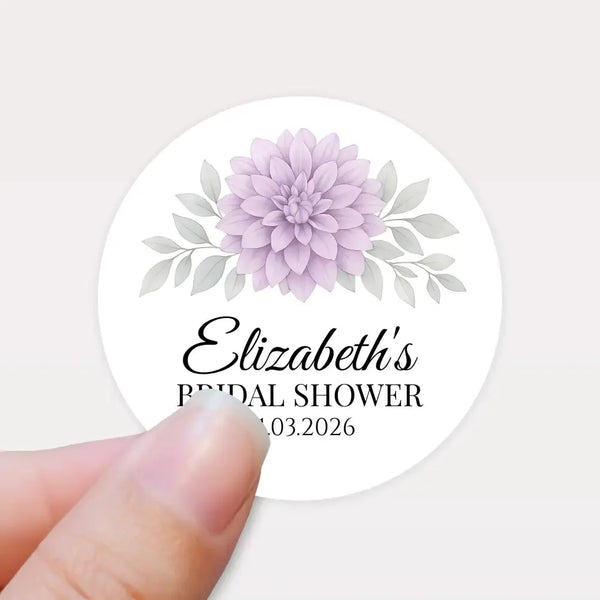 Personalised Lavender Dahlia Bridal Shower Stickers – Custom Name & Date – Watercolour Floral Favour Labels - Sticksy Prints Australia