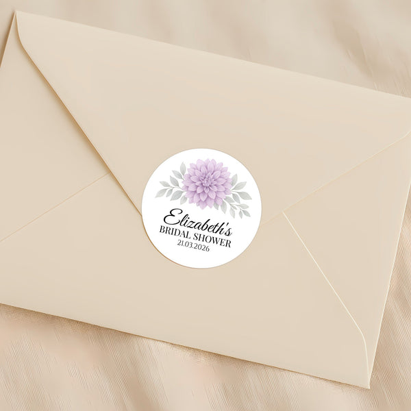 Personalised Lavender Dahlia Bridal Shower Stickers – Custom Name & Date – Watercolour Floral Favour Labels