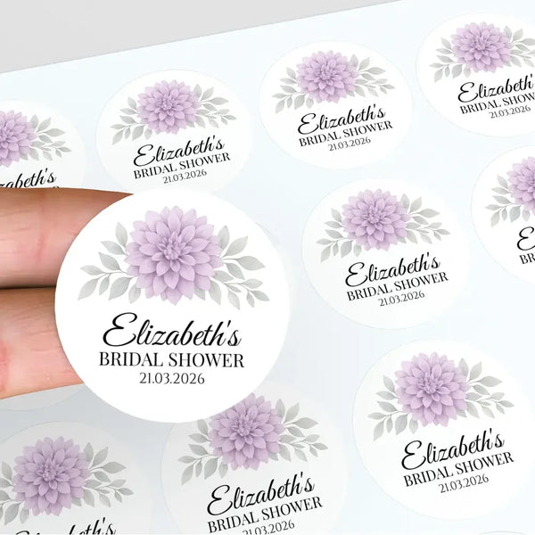 Personalised Lavender Dahlia Bridal Shower Stickers – Custom Name & Date – Watercolour Floral Favour Labels - Sticksy Prints Australia