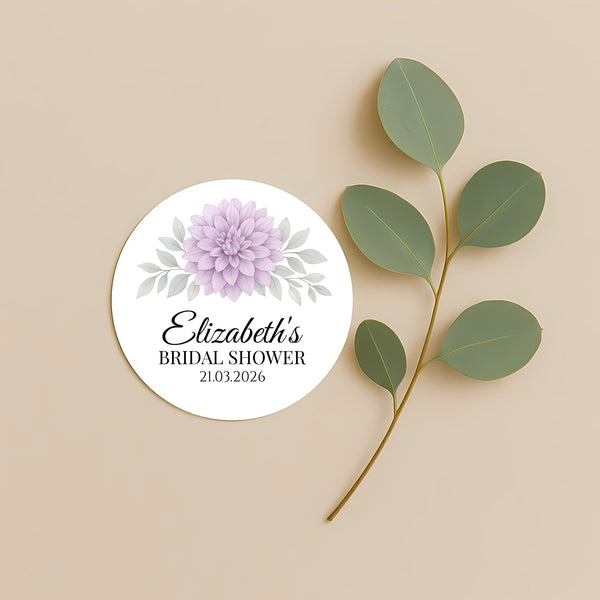 Personalised Lavender Dahlia Bridal Shower Stickers – Custom Name & Date – Watercolour Floral Favour Labels