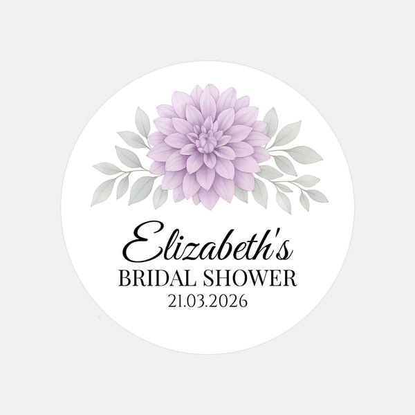 Personalised Lavender Dahlia Bridal Shower Stickers – Custom Name & Date – Watercolour Floral Favour Labels