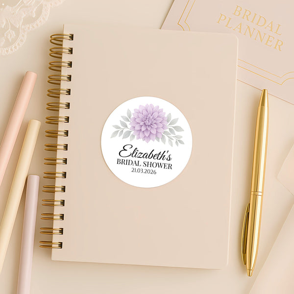 Personalised Lavender Dahlia Bridal Shower Stickers – Custom Name & Date – Watercolour Floral Favour Labels