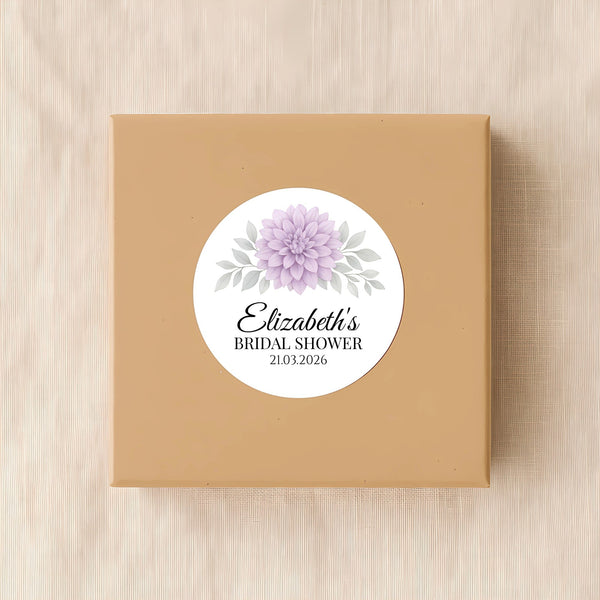 Personalised Lavender Dahlia Bridal Shower Stickers – Custom Name & Date – Watercolour Floral Favour Labels