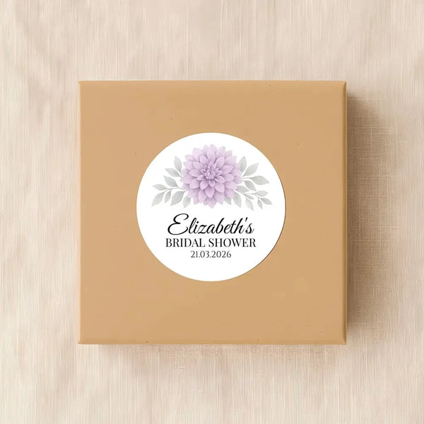 Personalised Lavender Dahlia Bridal Shower Stickers – Custom Name & Date – Watercolour Floral Favour Labels - Sticksy Prints Australia