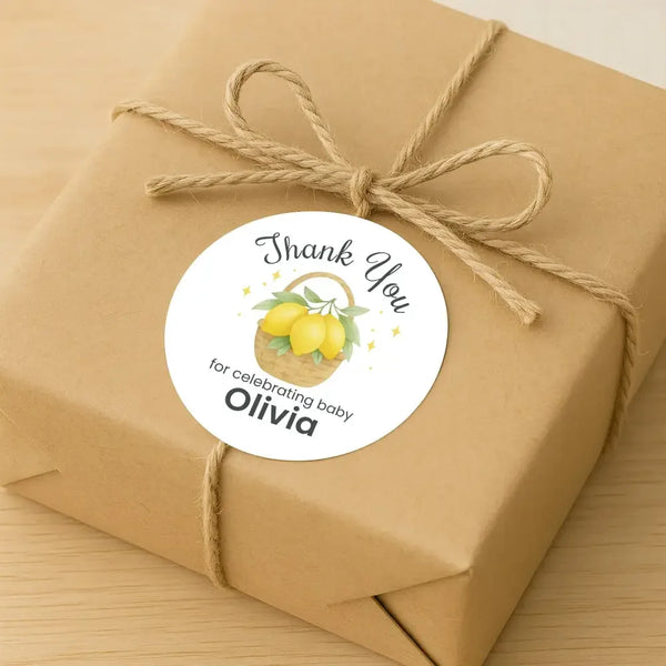 Personalised Lemon Basket Baby Shower Thank You Stickers – Watercolour Citrus Favour Labels - Sticksy Prints Australia