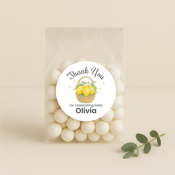 Personalised Lemon Basket Baby Shower Thank You Stickers – Watercolour Citrus Favour Labels