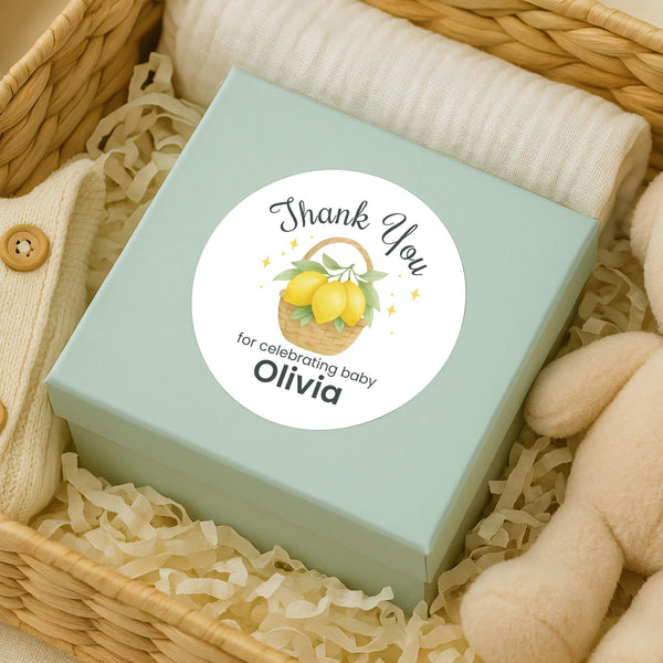 Personalised Lemon Basket Baby Shower Thank You Stickers – Watercolour Citrus Favour Labels