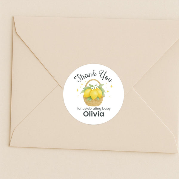 Personalised Lemon Basket Baby Shower Thank You Stickers – Watercolour Citrus Favour Labels