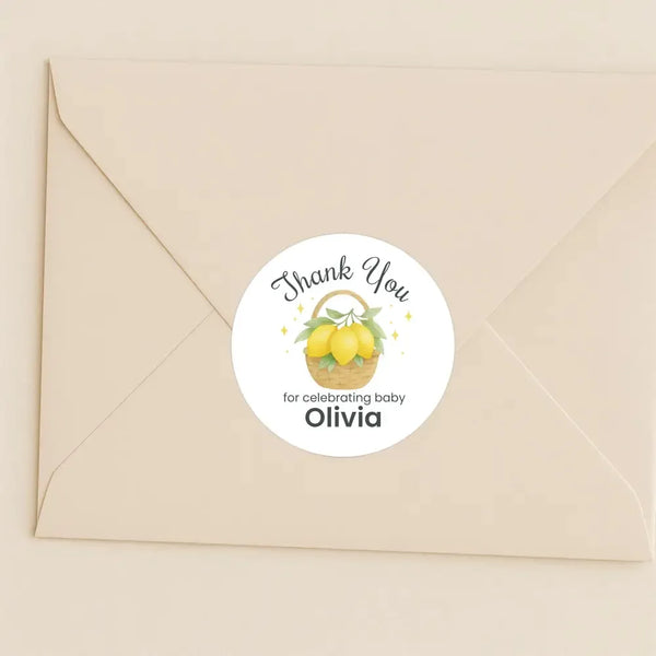 Personalised Lemon Basket Baby Shower Thank You Stickers – Watercolour Citrus Favour Labels - Sticksy Prints Australia