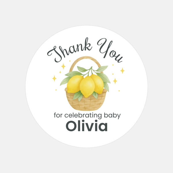 Personalised Lemon Basket Baby Shower Thank You Stickers – Watercolour Citrus Favour Labels