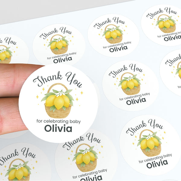Personalised Lemon Basket Baby Shower Thank You Stickers – Watercolour Citrus Favour Labels
