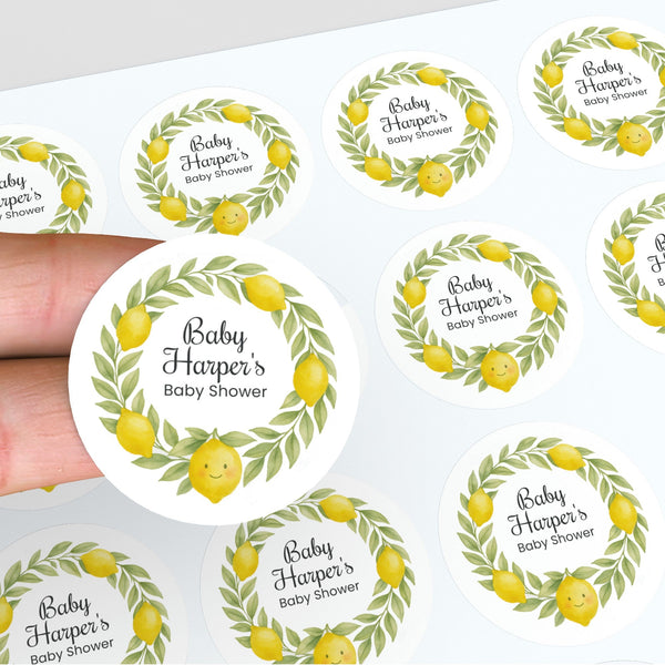 Personalised Lemon Wreath Baby Shower Stickers – Watercolour Citrus Favour Labels