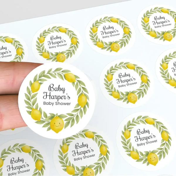 Personalised Lemon Wreath Baby Shower Stickers – Watercolour Citrus Favour Labels - Sticksy Prints Australia