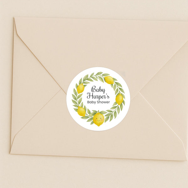 Personalised Lemon Wreath Baby Shower Stickers – Watercolour Citrus Favour Labels
