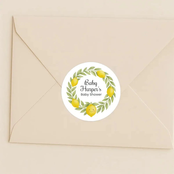 Personalised Lemon Wreath Baby Shower Stickers – Watercolour Citrus Favour Labels - Sticksy Prints Australia