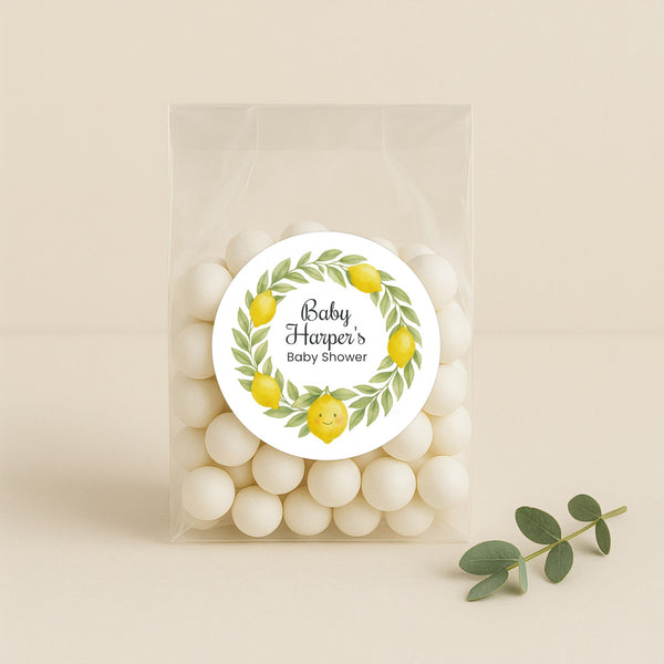Personalised Lemon Wreath Baby Shower Stickers – Watercolour Citrus Favour Labels