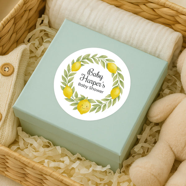 Personalised Lemon Wreath Baby Shower Stickers – Watercolour Citrus Favour Labels