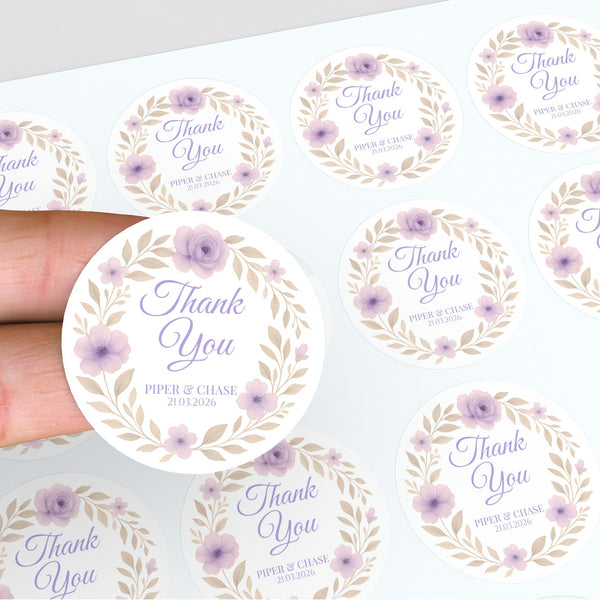 Personalised Lilac Floral Wedding Thank You Stickers – Custom Favour Labels