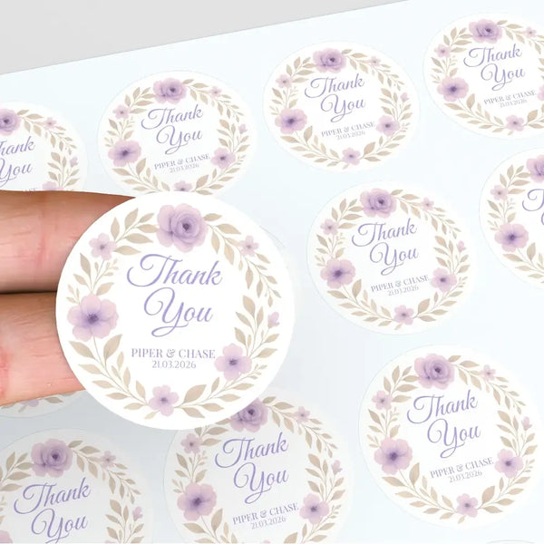 Personalised Lilac Floral Wedding Thank You Stickers – Custom Favour Labels - Sticksy Prints Australia
