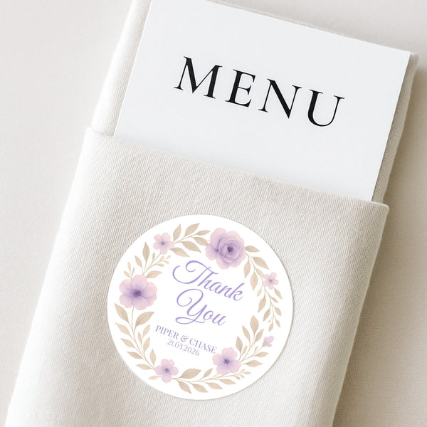 Personalised Lilac Floral Wedding Thank You Stickers – Custom Favour Labels