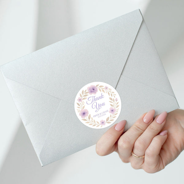 Personalised Lilac Floral Wedding Thank You Stickers – Custom Favour Labels